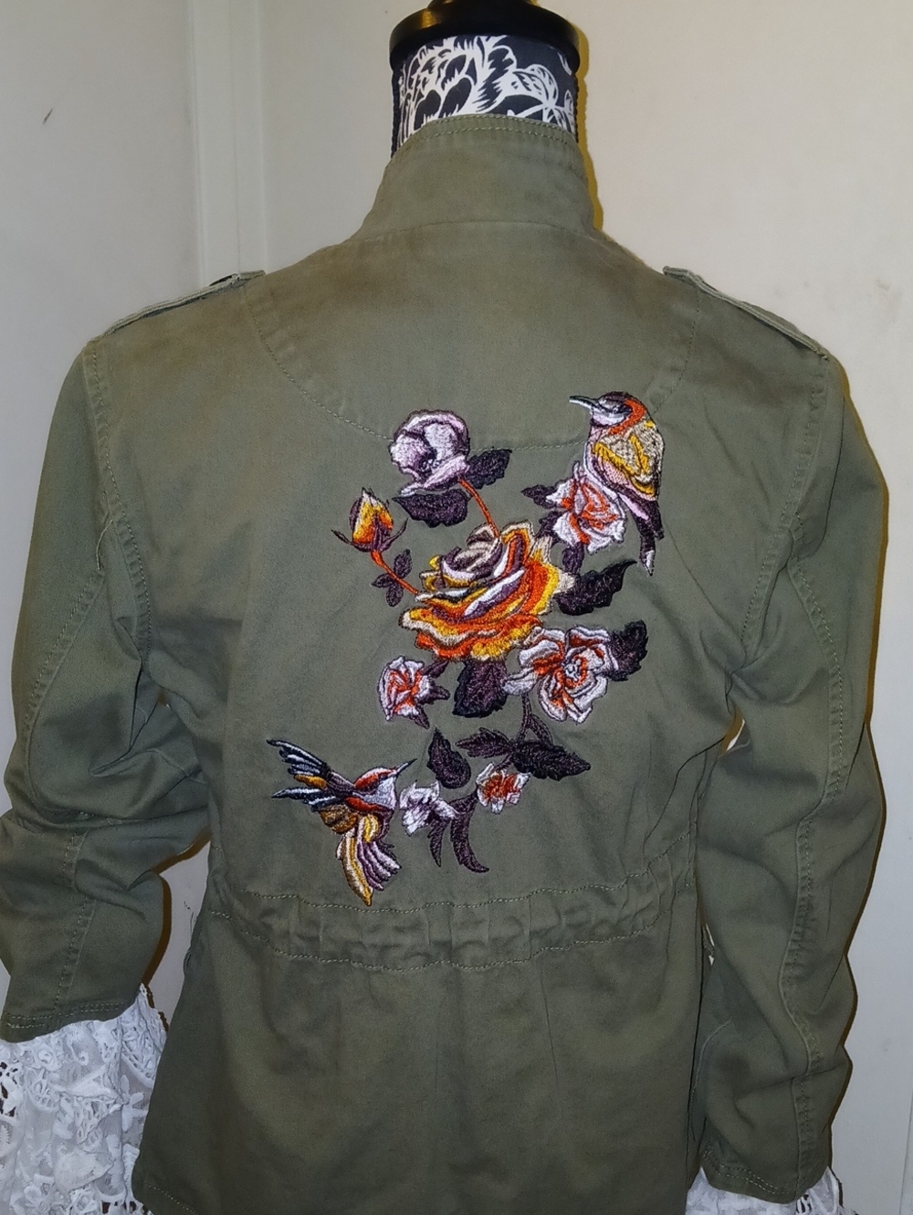 Olive Embroidered Floral Utility Jacket - Women's